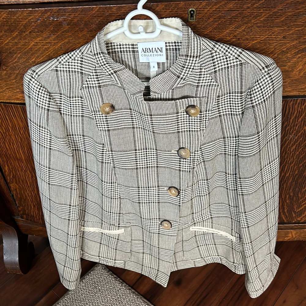 Armani Collezioni  hazelnut plaid mandarin collar semi-fitted blazer.8